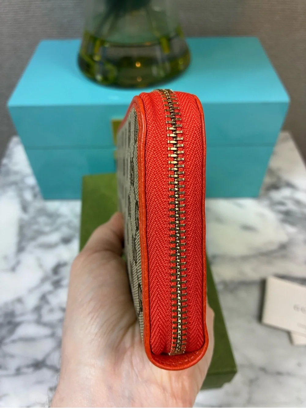 Gucci GG Beige Canvas & Orange Leather Zip-Around Wallet - NWOT Brand New w/ box - Picture 6 of 13